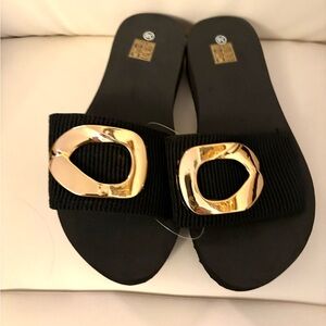 SHEIN Black Sandals with Metallic Gold Buckles